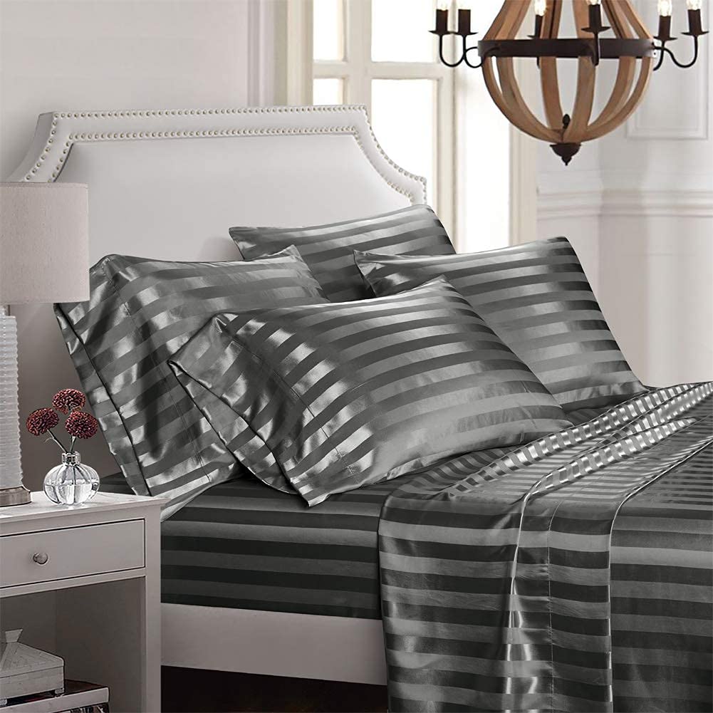 6 Piece Satin Italian Style Bed Sheet Set Deep Pocket Stripes 1800 Luxury Rich Silk