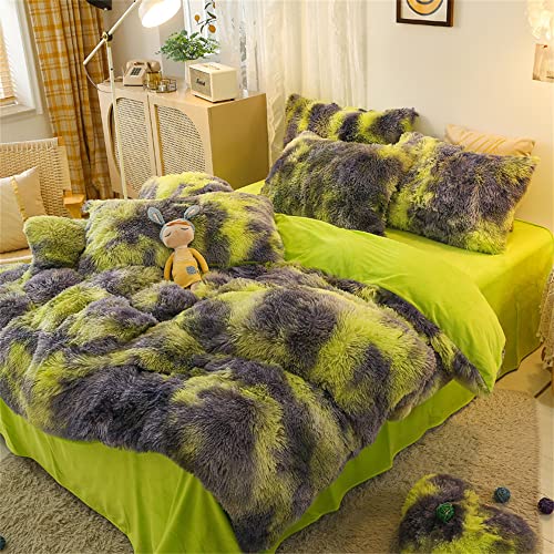 Faux Fur Tie-dyed Green Gray Black Colorful Comforter Sets Queen - 3PC Bed Set