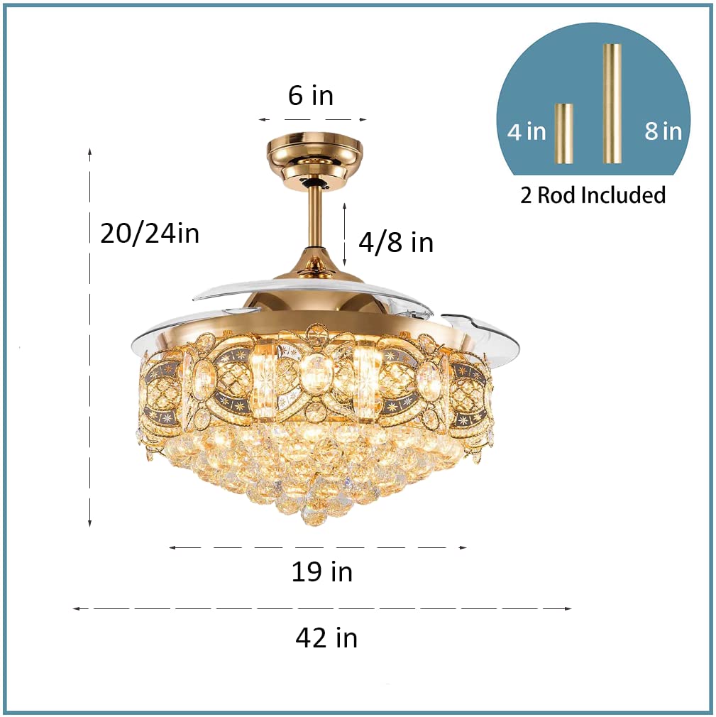 42" Crystal Chandelier Ceiling Fan and Remote, Gold Luxury Fan