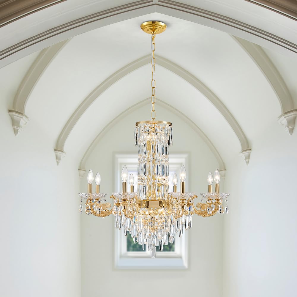 Gold Crystal Contemporary Chandelier, 2-Tier for High Ceiling