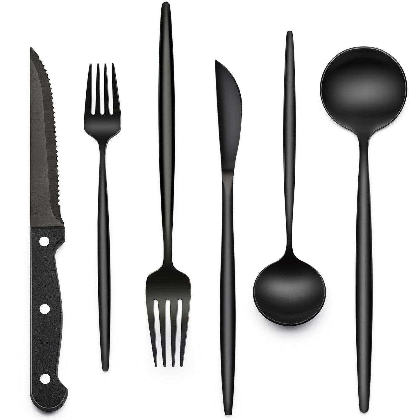 24-Piece Black Silverware Set with Steak Knives, Black Flatware Set for 4