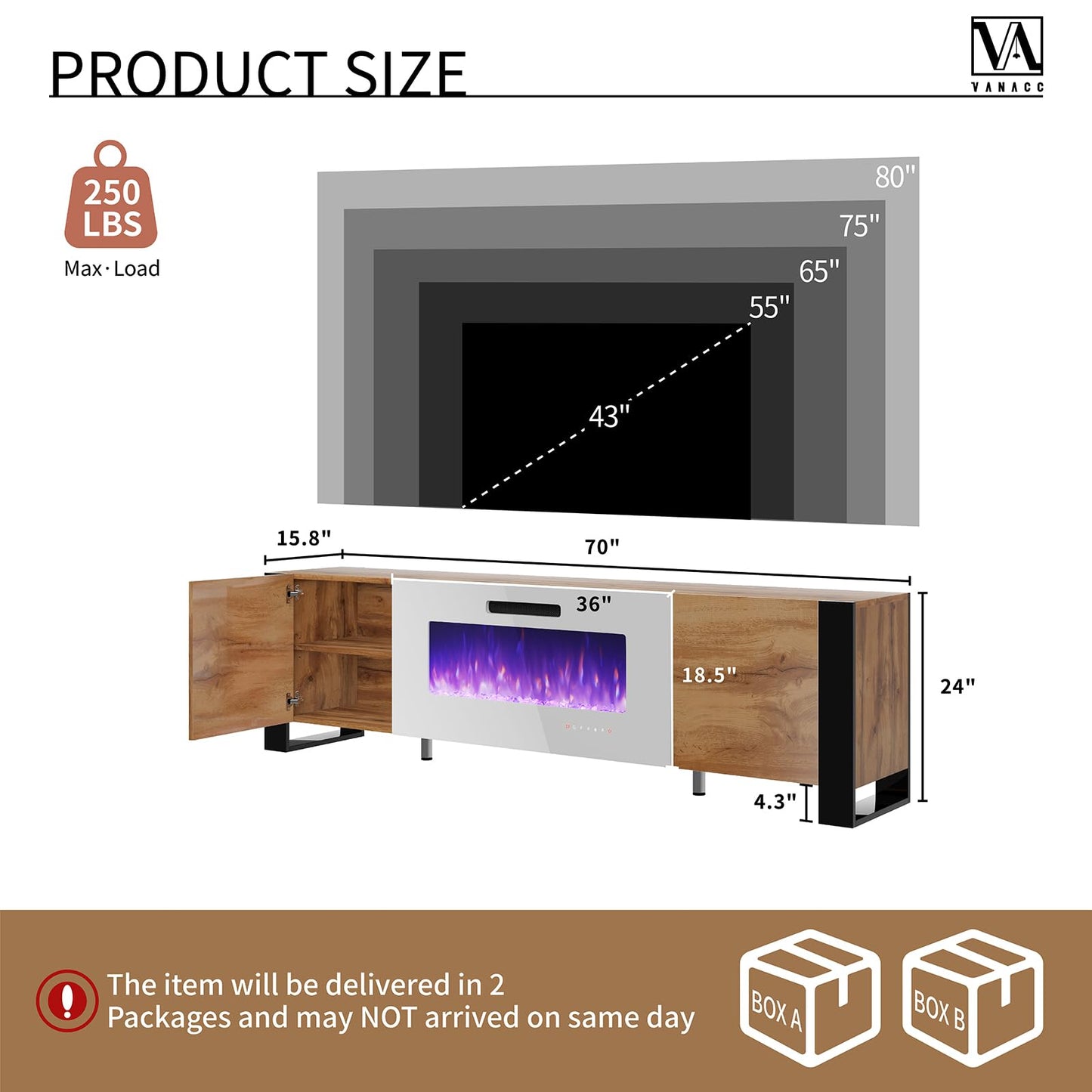 70" Fireplace TV Stand with 36" Electric Fireplace, High Gloss with LED Lights