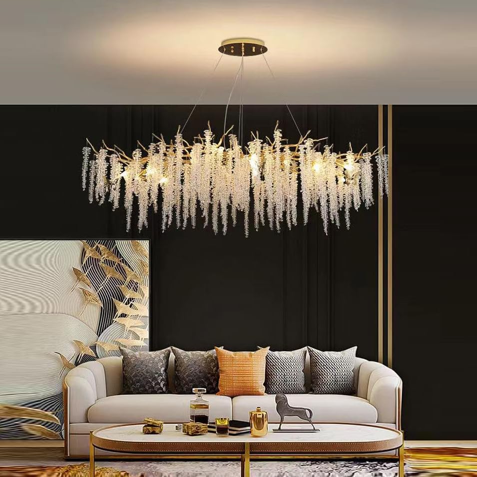 Modern Crystal Tree Branches Chandelier Gold Round Raindrop