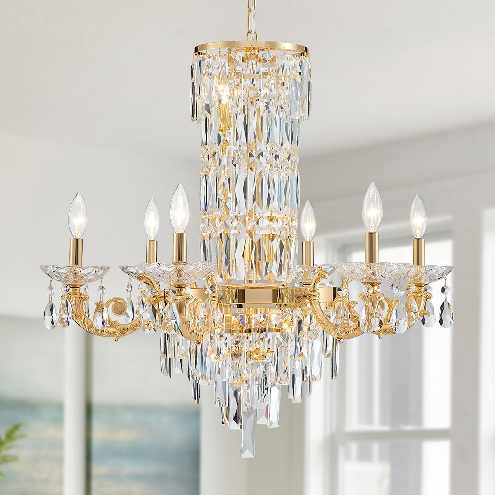 Gold Crystal Contemporary Chandelier, 2-Tier for High Ceiling