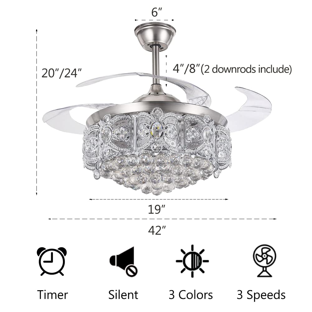 42" Crystal Chandelier Ceiling Fan and Remote, Gold Luxury Fan