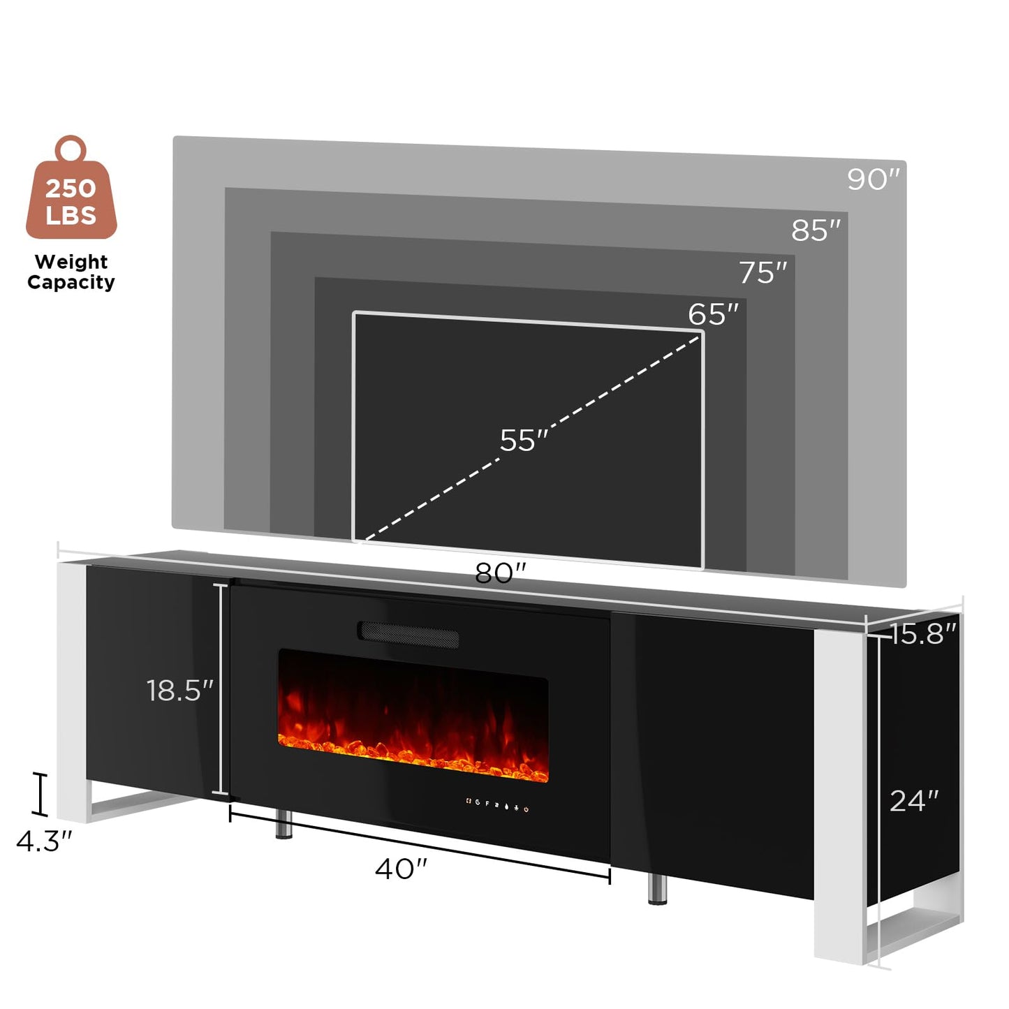 Fireplace TV Stand with 36" Fireplace, 70" Modern High Gloss Entertainment Center