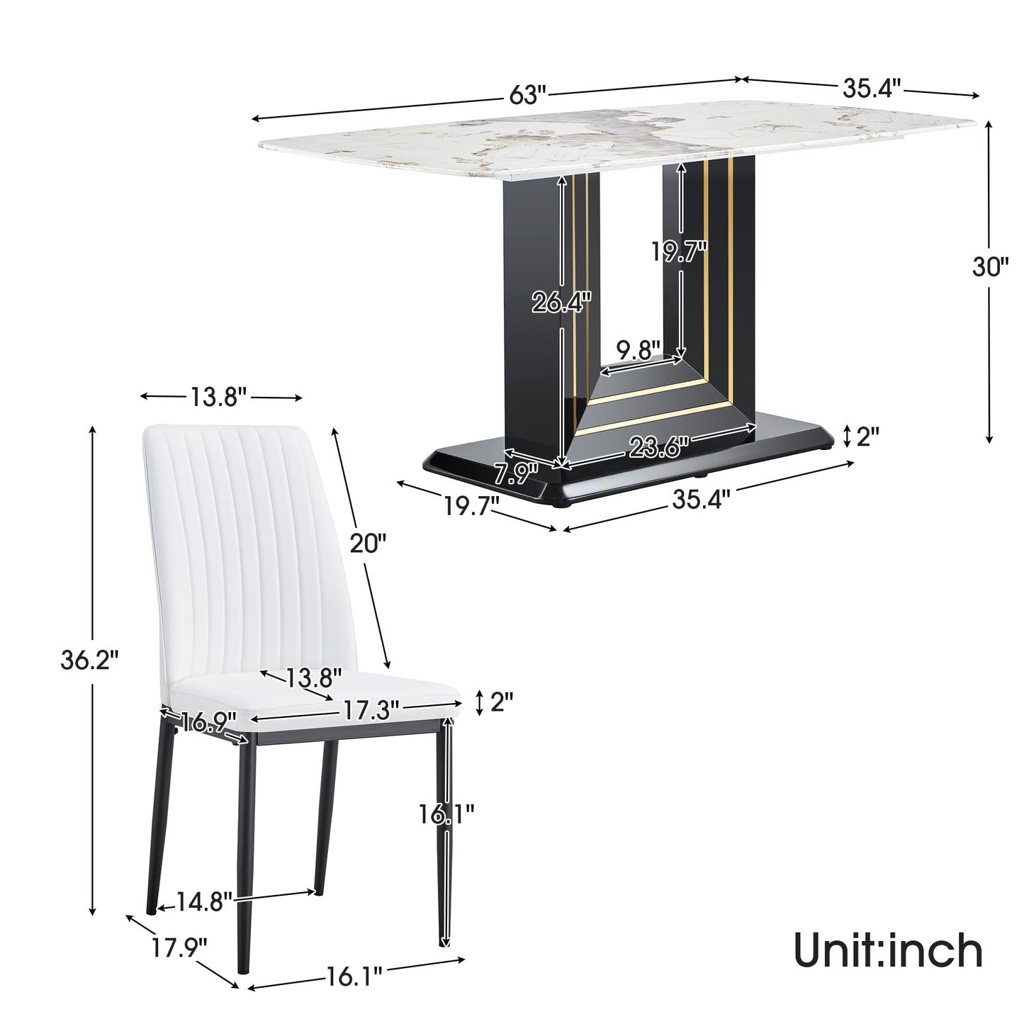 Dining Table Set for 6, White Faux Marble Pattern Table with 6 Modern Dining Chairs