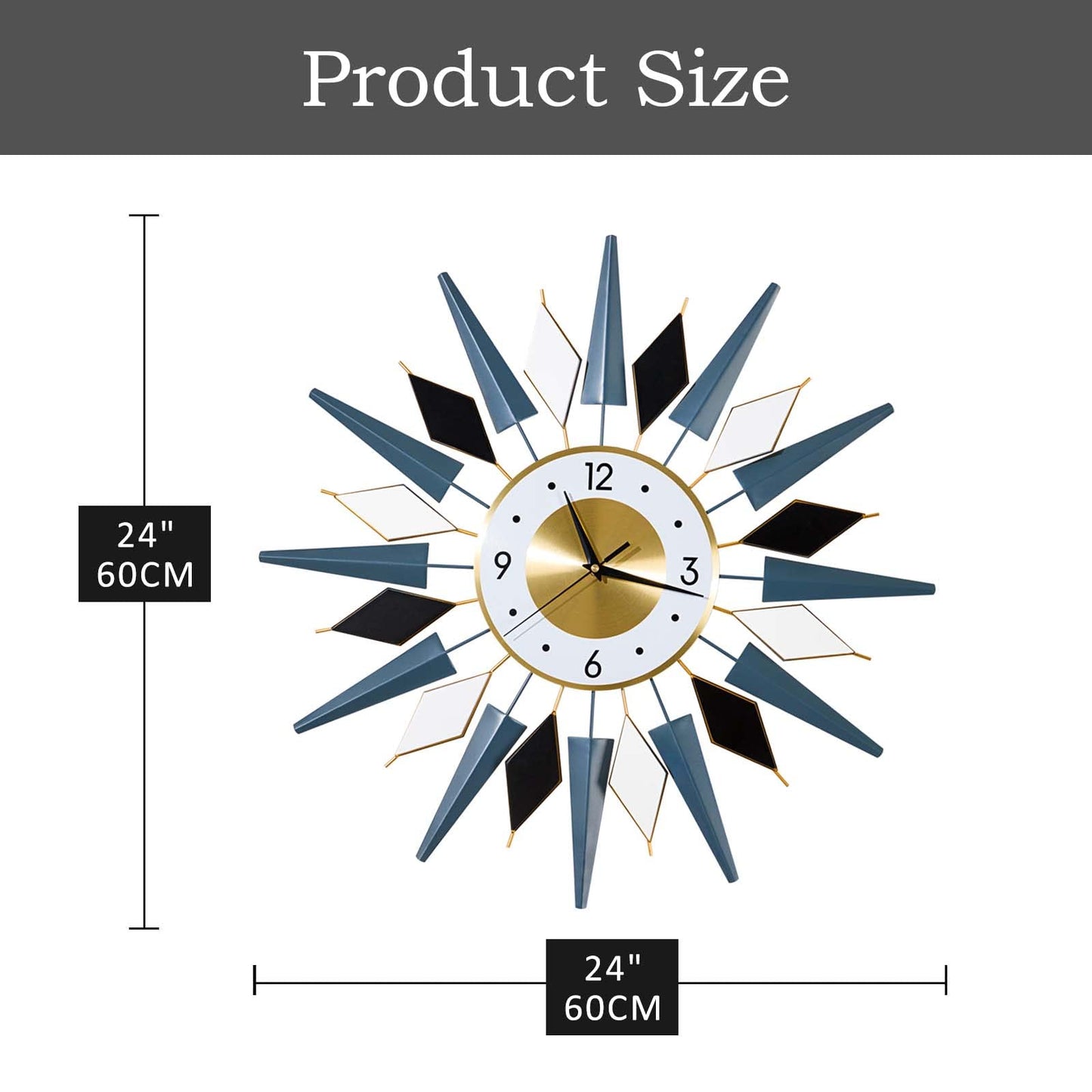 24 Inch Modern Metal Wall Clock Unique Design, Large Silent Battery Operated