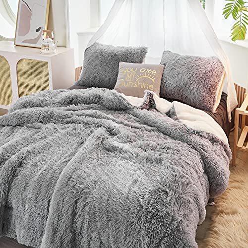 Gray Faux Fur Comforter Set Full/Queen 3 Pieces Bedding Set