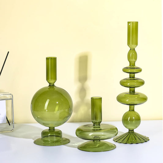 3 Pcs Glass Candlestick Holders Glass Taper Candle Holders (Green)