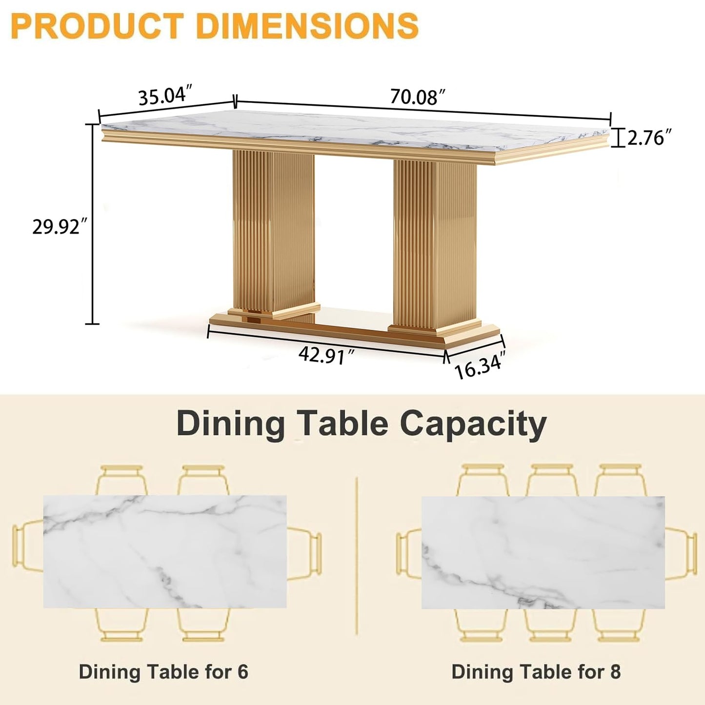 70 Inch White Marble Kitchen Table with Gold Mirrored Cabriole Legs