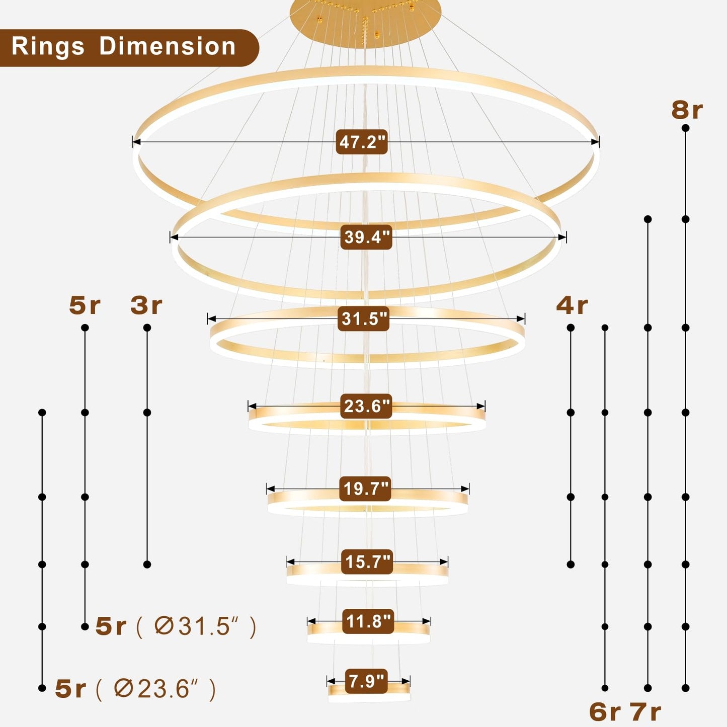 39.37" Larger Chandelier for High Ceilings, 7 Ring Dimmable with Remote