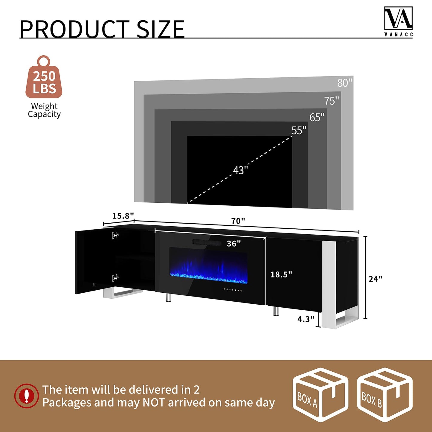 70" Fireplace TV Stand with 36" Electric Fireplace, High Gloss with LED Lights