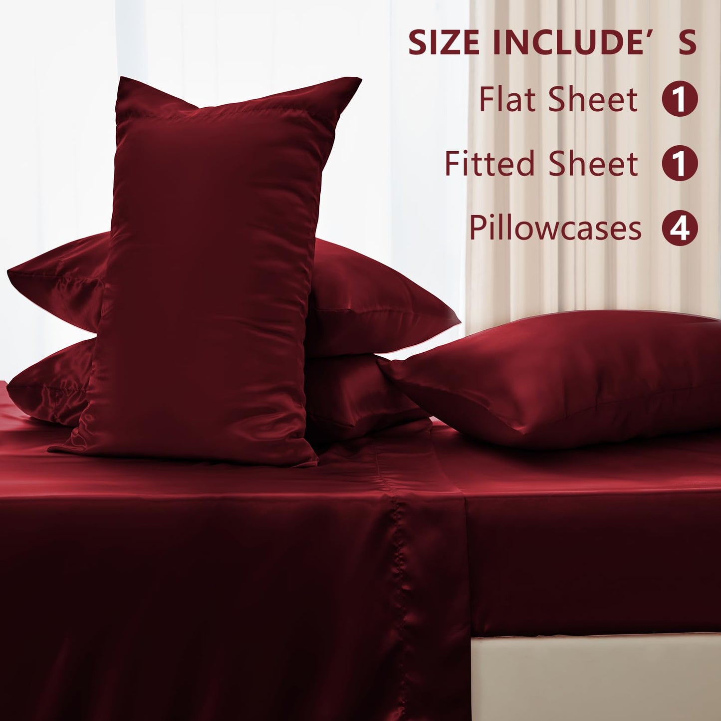 4 Piece Burgundy Bed Sheet Set with Silky Microfiber, 1 Deep Pocket Fitted Sheet