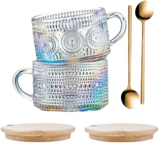 Vintage Glass Coffee Mugs | Set of 2 14oz. Iridescent Embossed