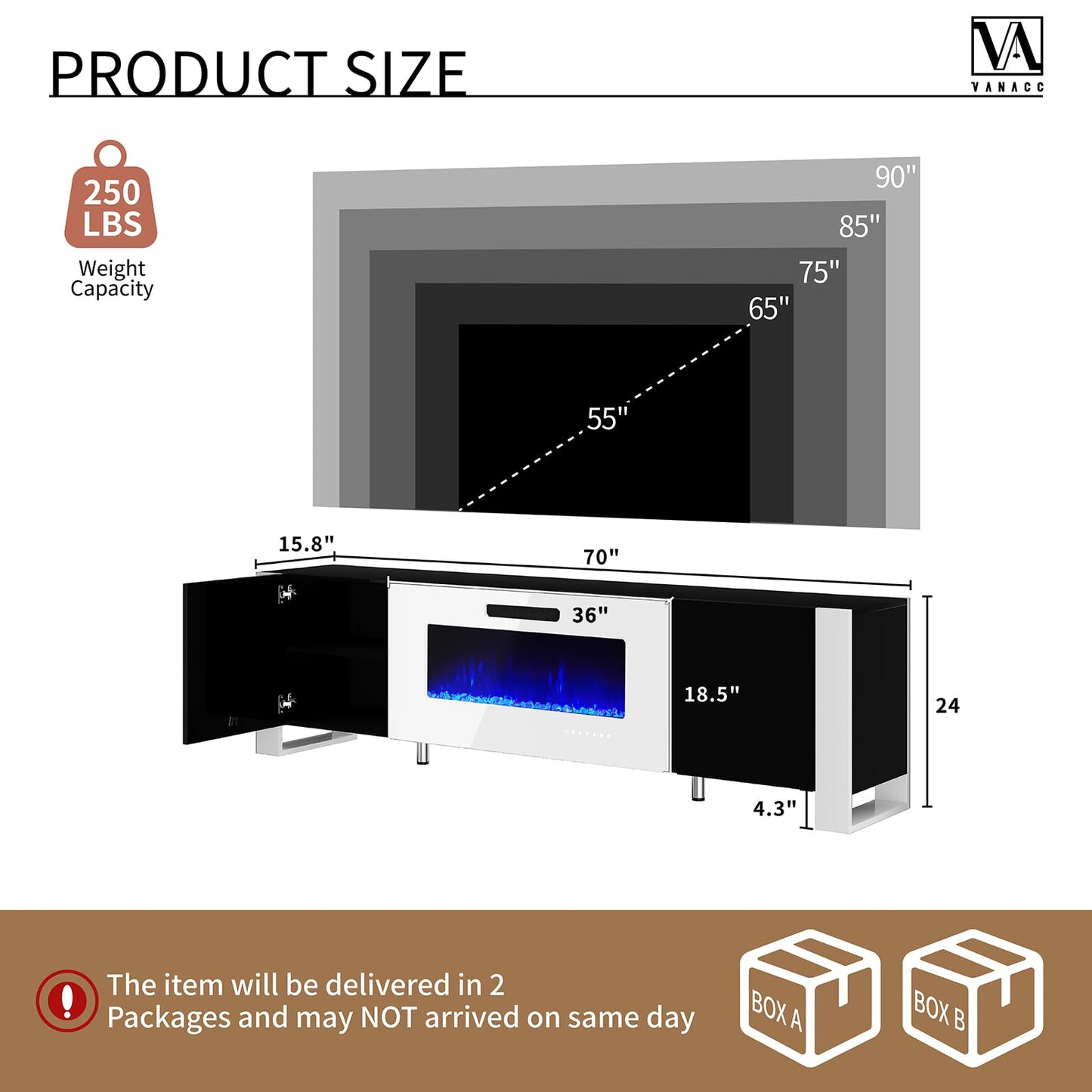 70" Fireplace TV Stand with 36" Electric Fireplace, High Gloss with LED Lights