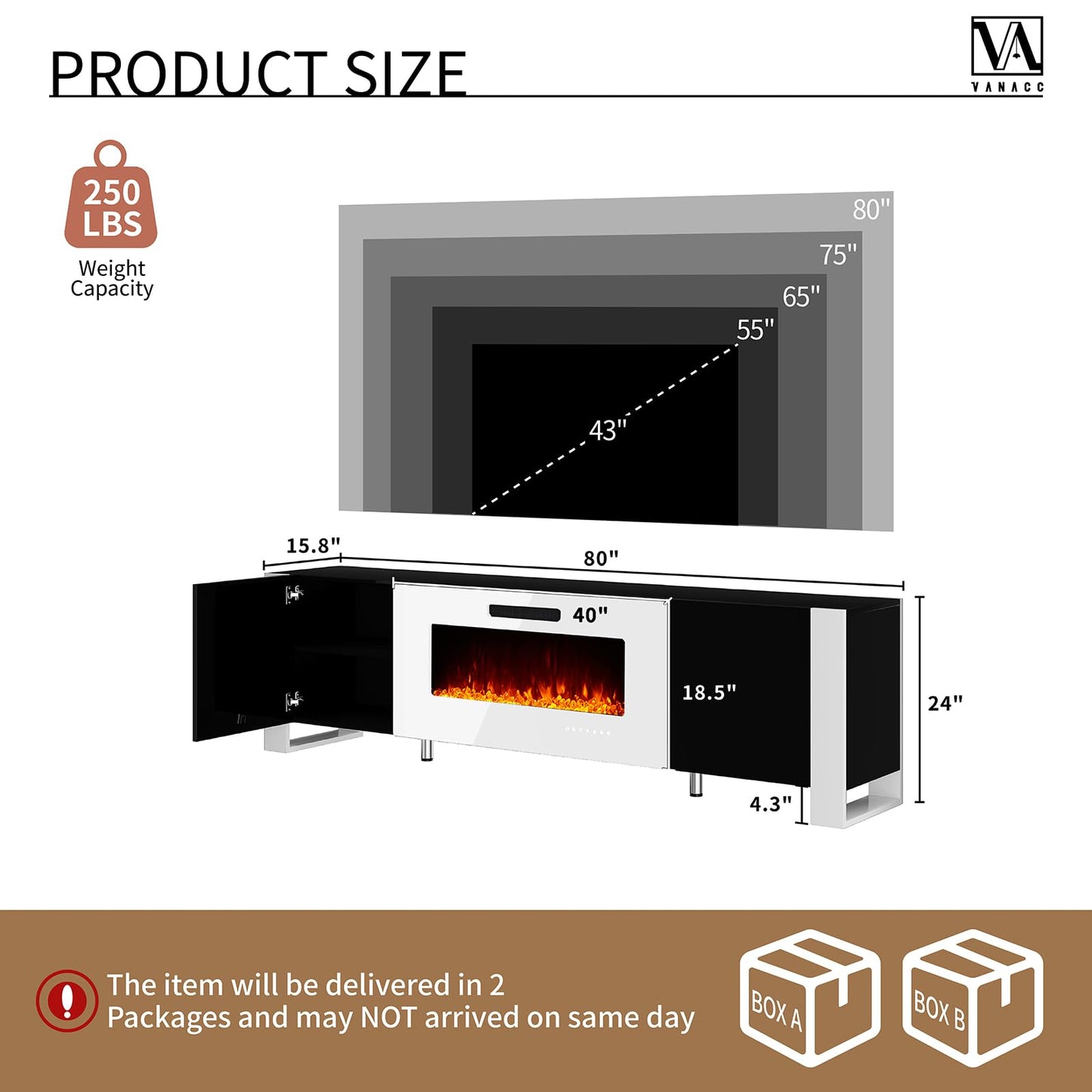 70" Fireplace TV Stand with 36" Electric Fireplace, High Gloss with LED Lights