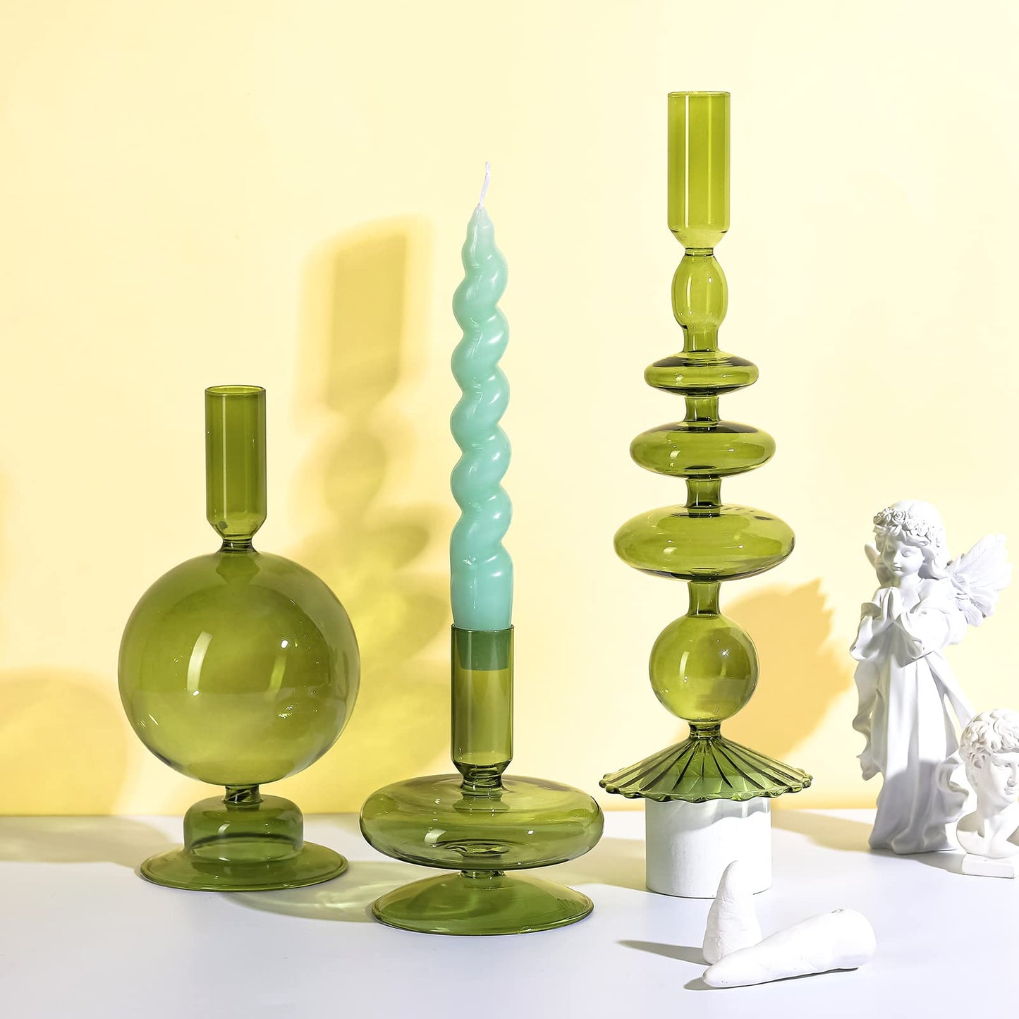 3 Pcs Glass Candlestick Holders Glass Taper Candle Holders (Green)