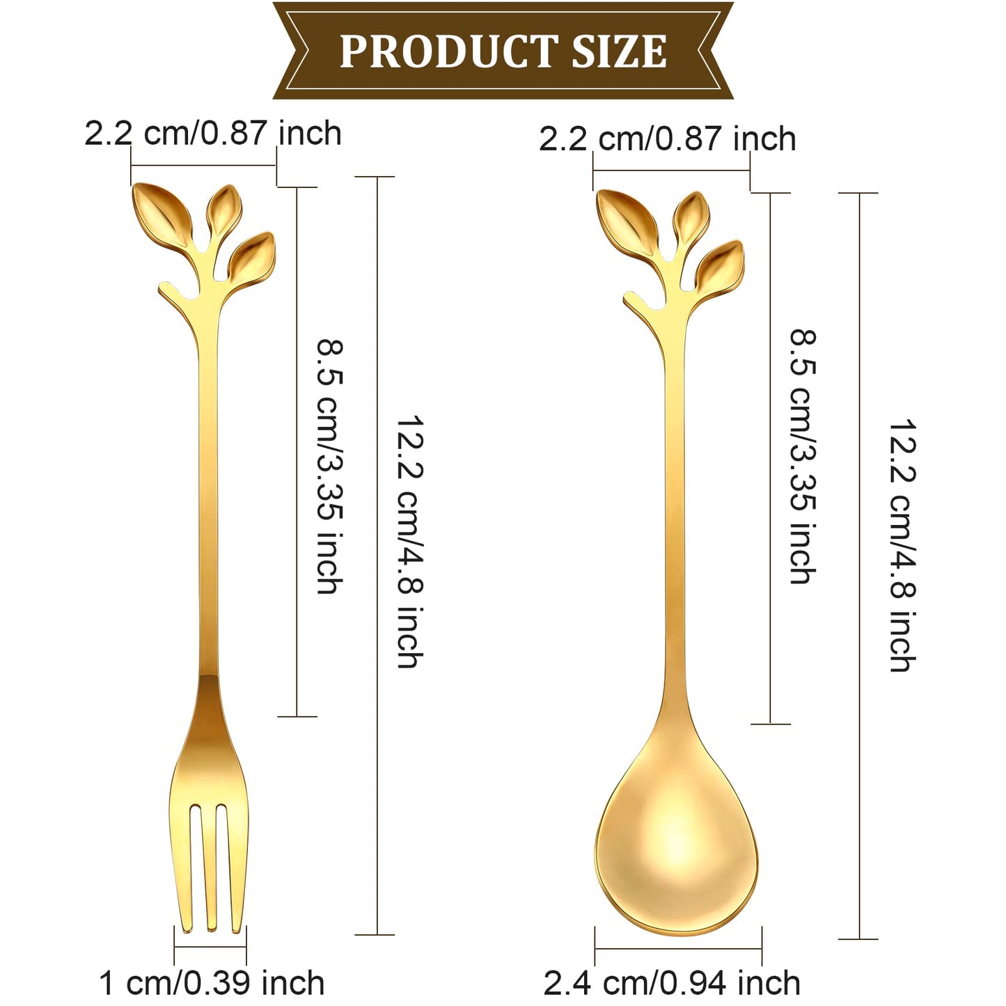 Stainless Steel Leaf Coffee Spoon and Appetizer Fork Tableware (Gold, 40 Pieces)