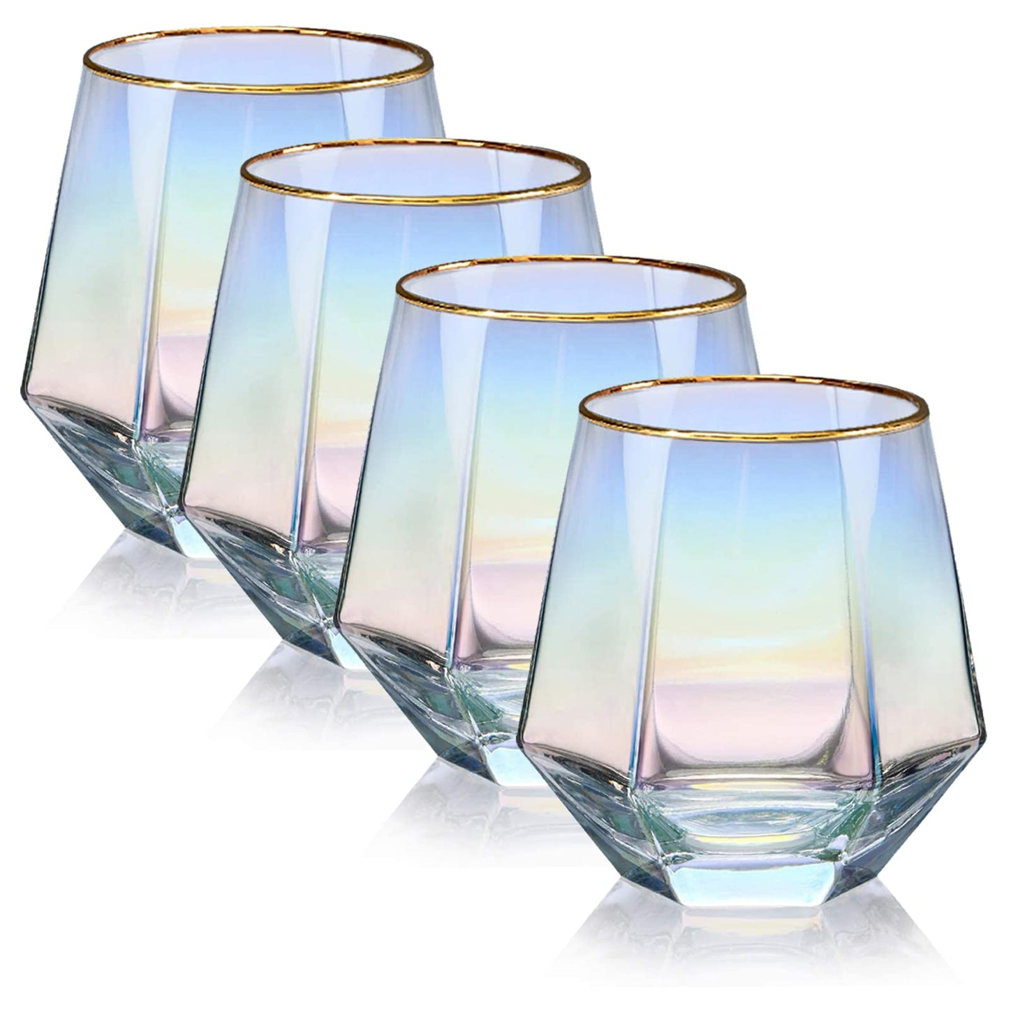 Diamond Wine Glass Set of 2, 10 OZ Modern Stemless Gold Rim