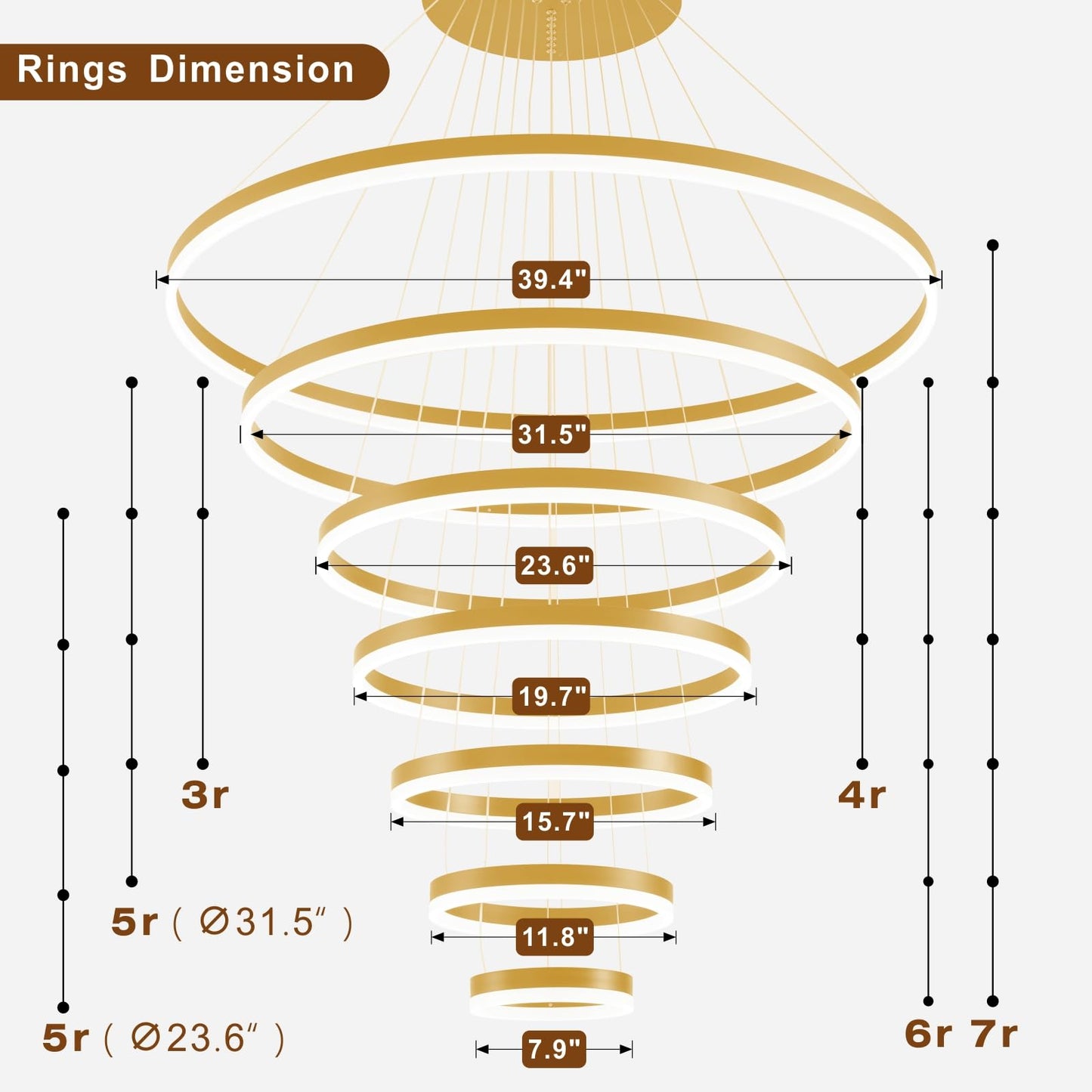 39.37" Larger Chandelier for High Ceilings, 7 Ring Dimmable with Remote