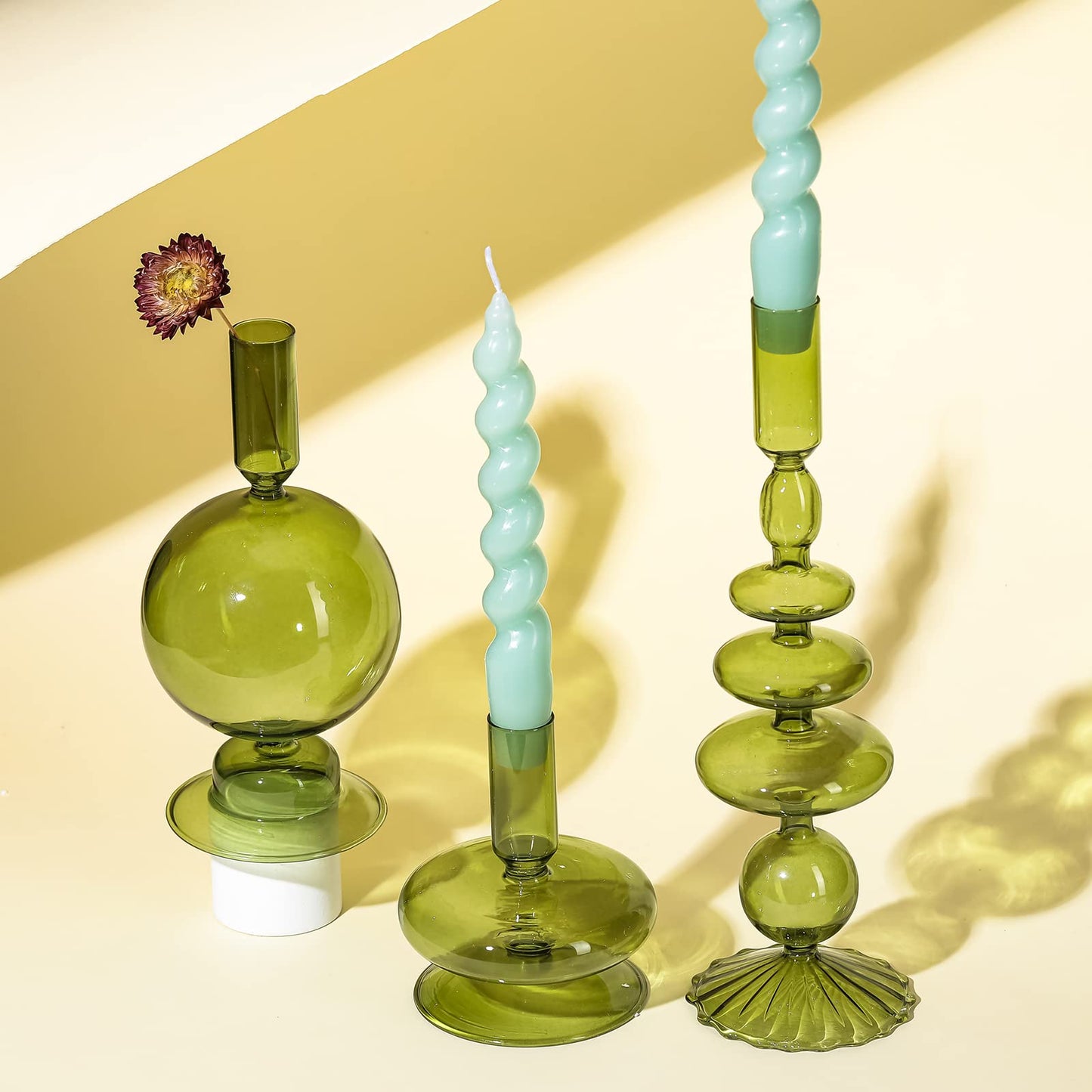 3 Pcs Glass Candlestick Holders Glass Taper Candle Holders (Green)