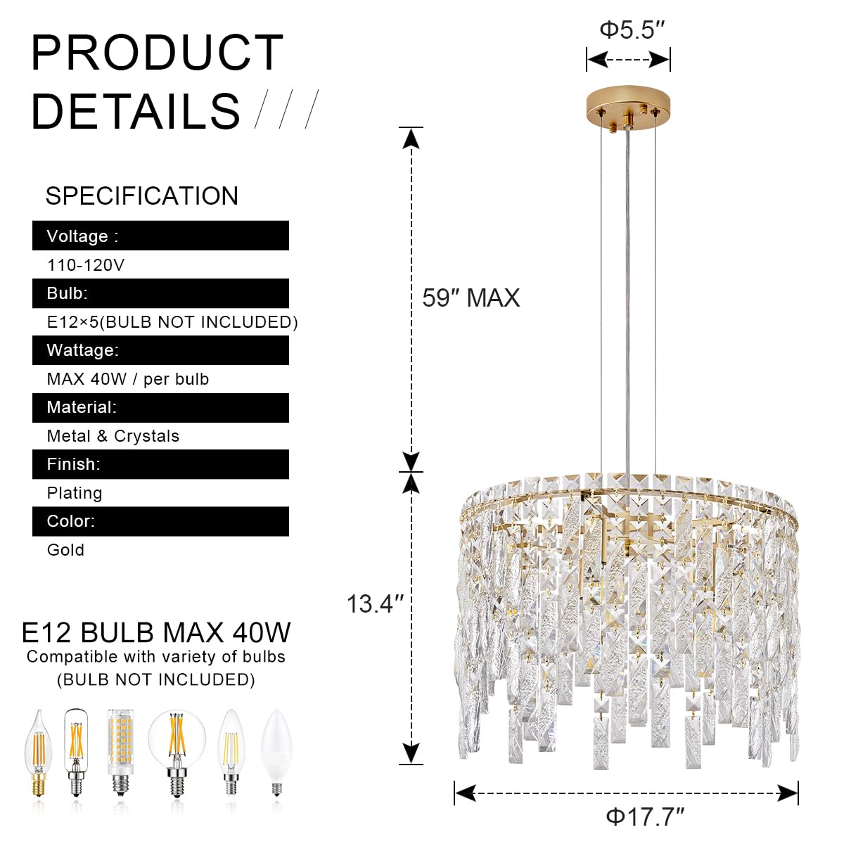 18’’ Gold Crystal Chandelier Light Fixture 5 Lights