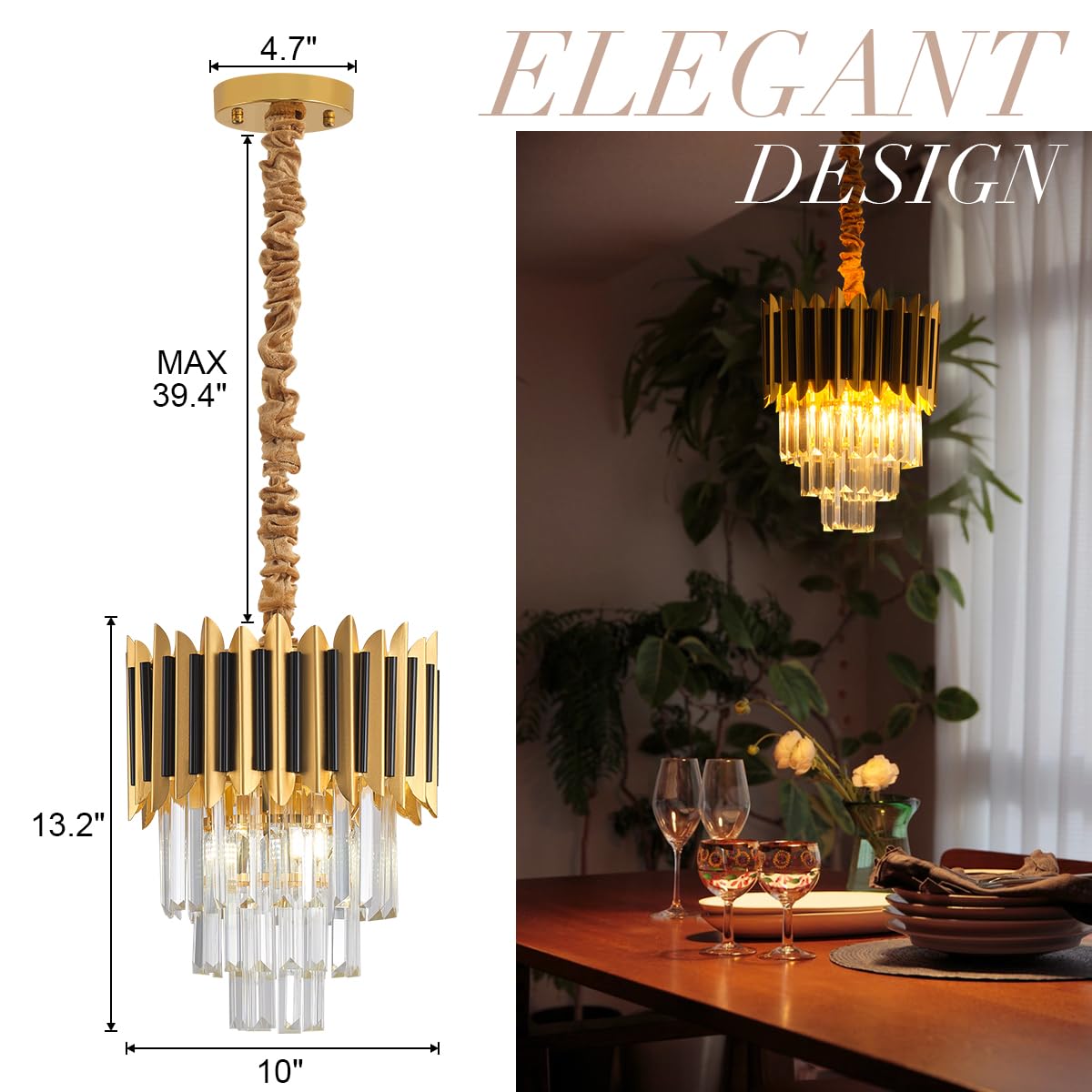 24" Crystal Chandelier Modern Gold 9-Light 5-Tier Luxury