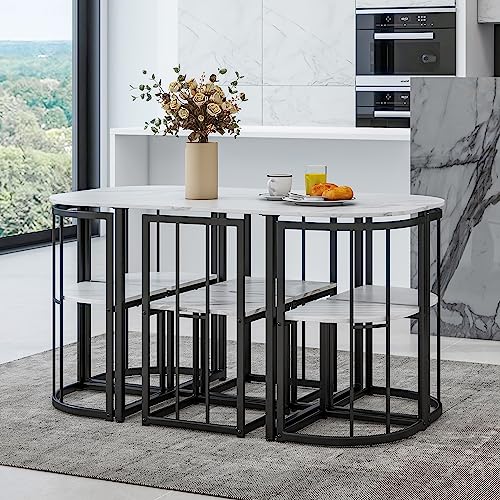 7-Piece Space-Saving Dining Set for 6 with Faux Marble Top, Metal Frame