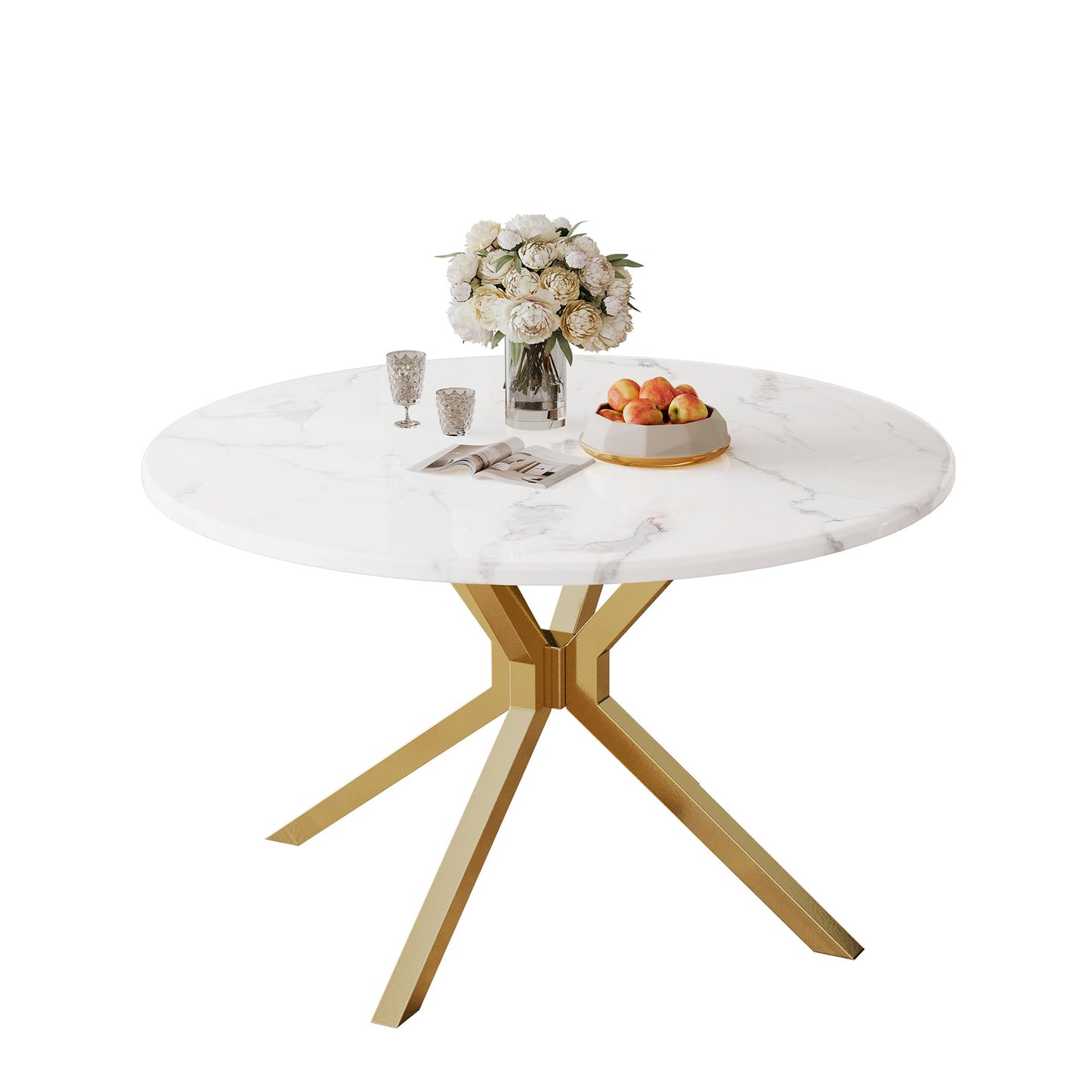 70 Inch White Marble Kitchen Table with Gold Mirrored Cabriole Legs