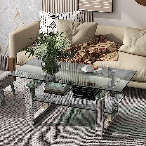 Elegant 2 Tiers of Shiny Silver Mirrored Coffee Table, Crystals Inlay 35 Inches