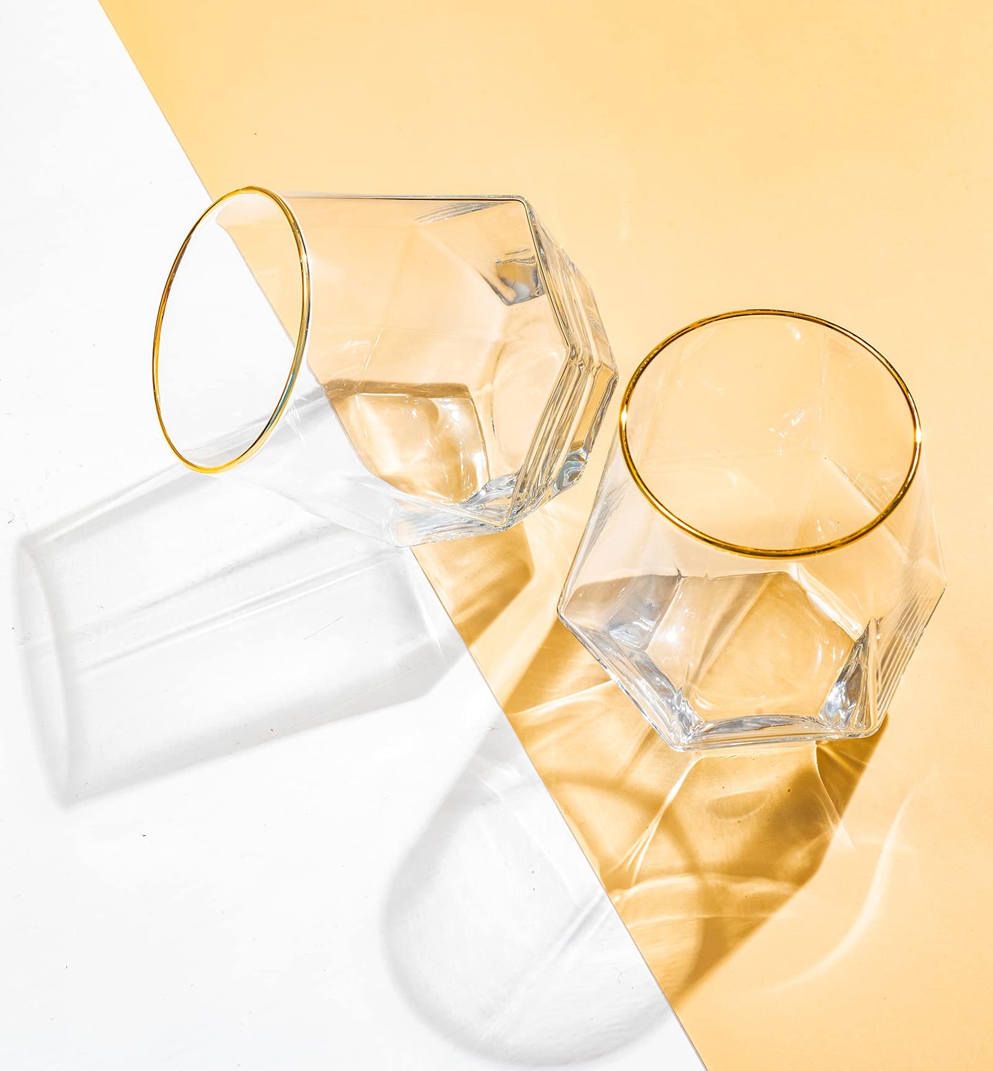 Diamond Wine Glass Set of 2, 10 OZ Modern Stemless Gold Rim