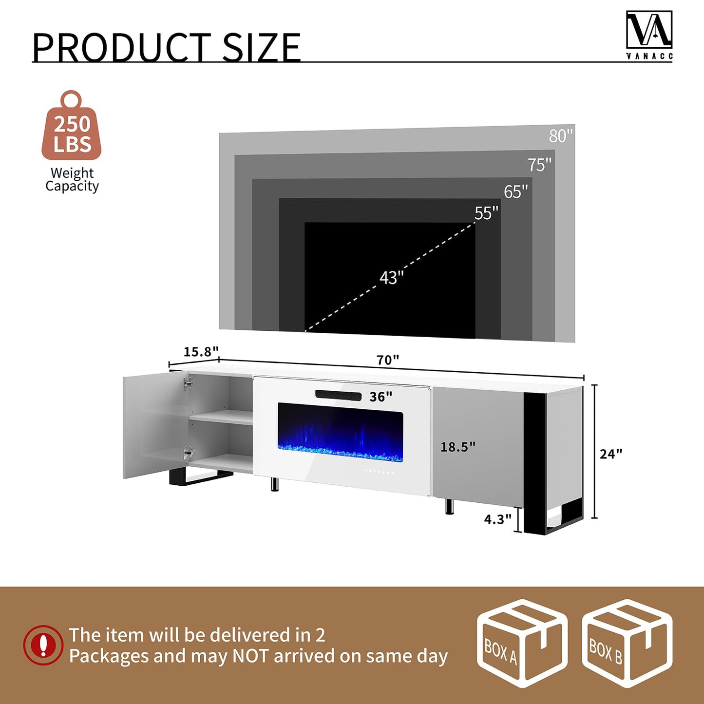 70" Fireplace TV Stand with 36" Electric Fireplace, High Gloss with LED Lights