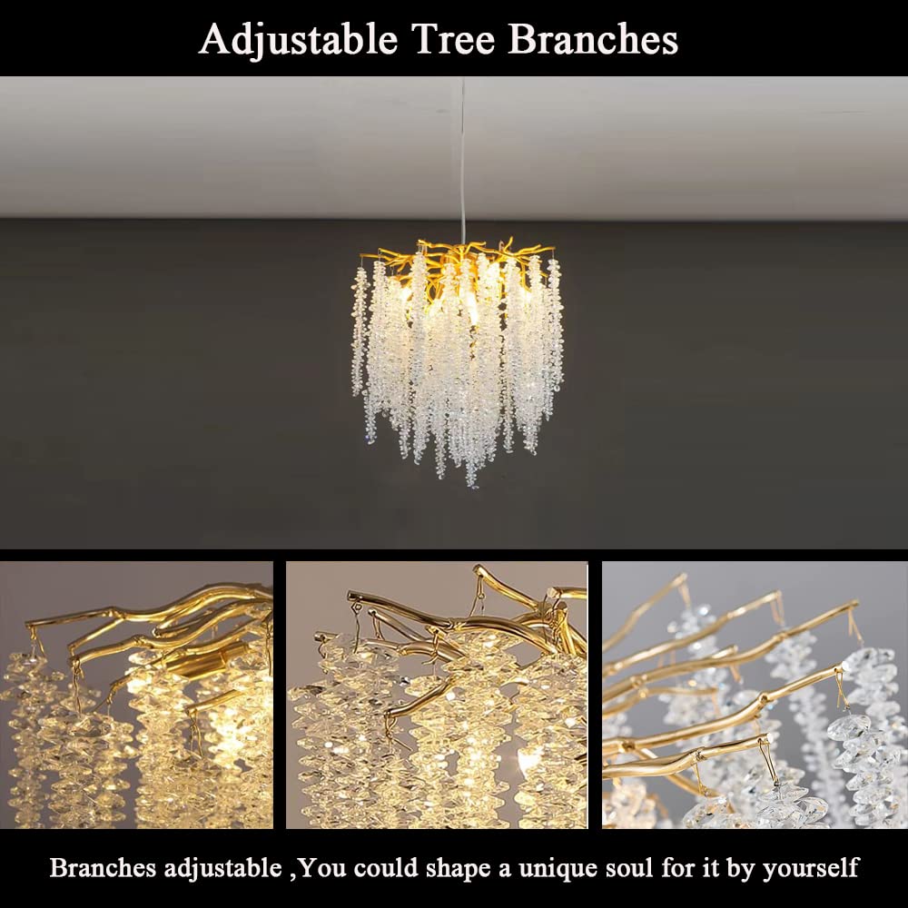 Modern Crystal Tree Branches Chandelier Gold Round Raindrop