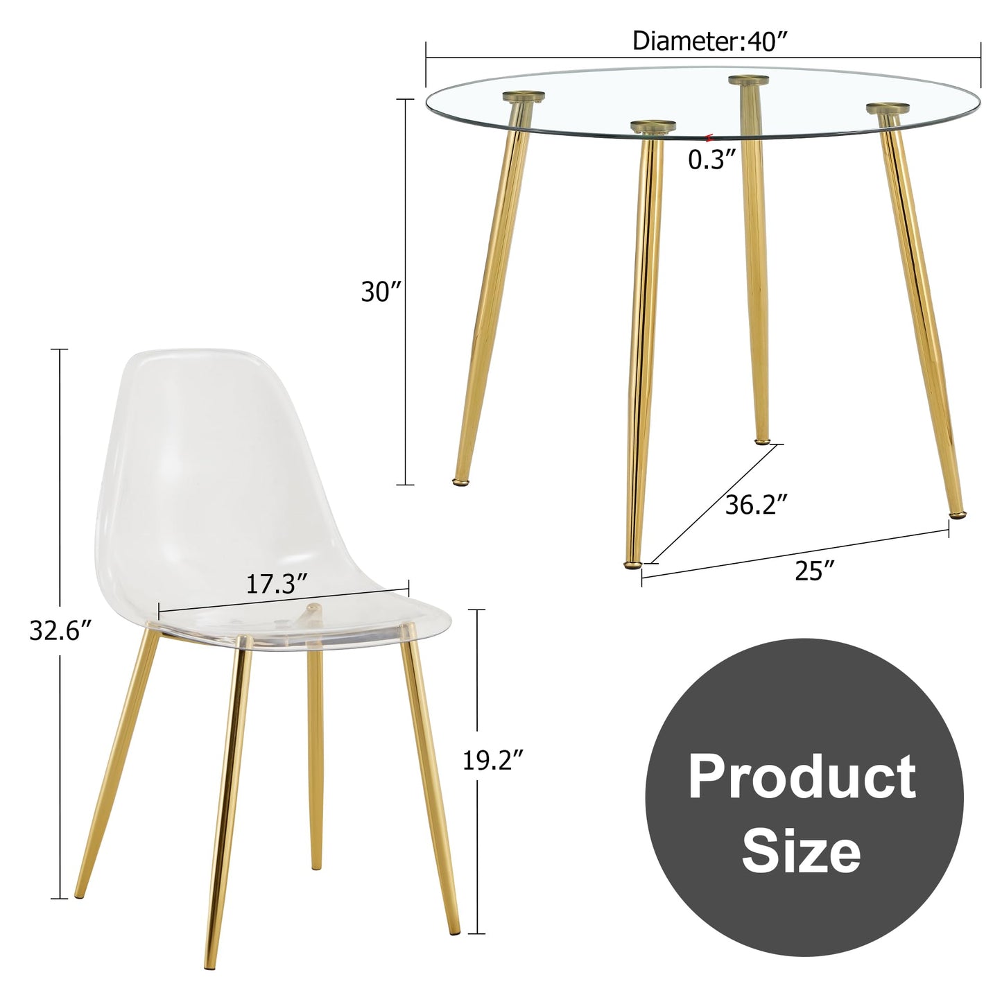 Gold Round Glass Dining Table Set for 4