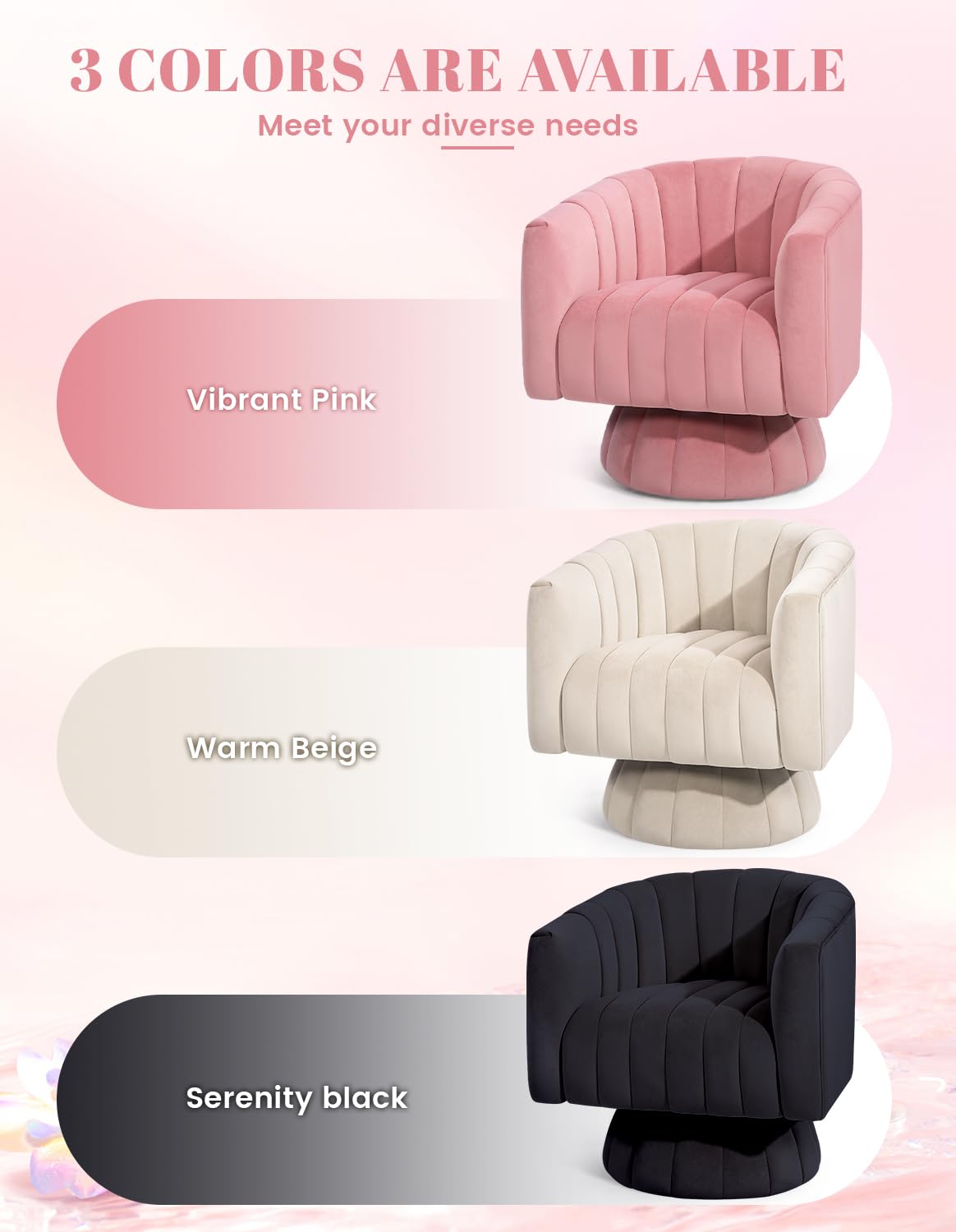 Swivel Barrel Chair with Armrest, Overstuffed Tufted Velvet, Pink