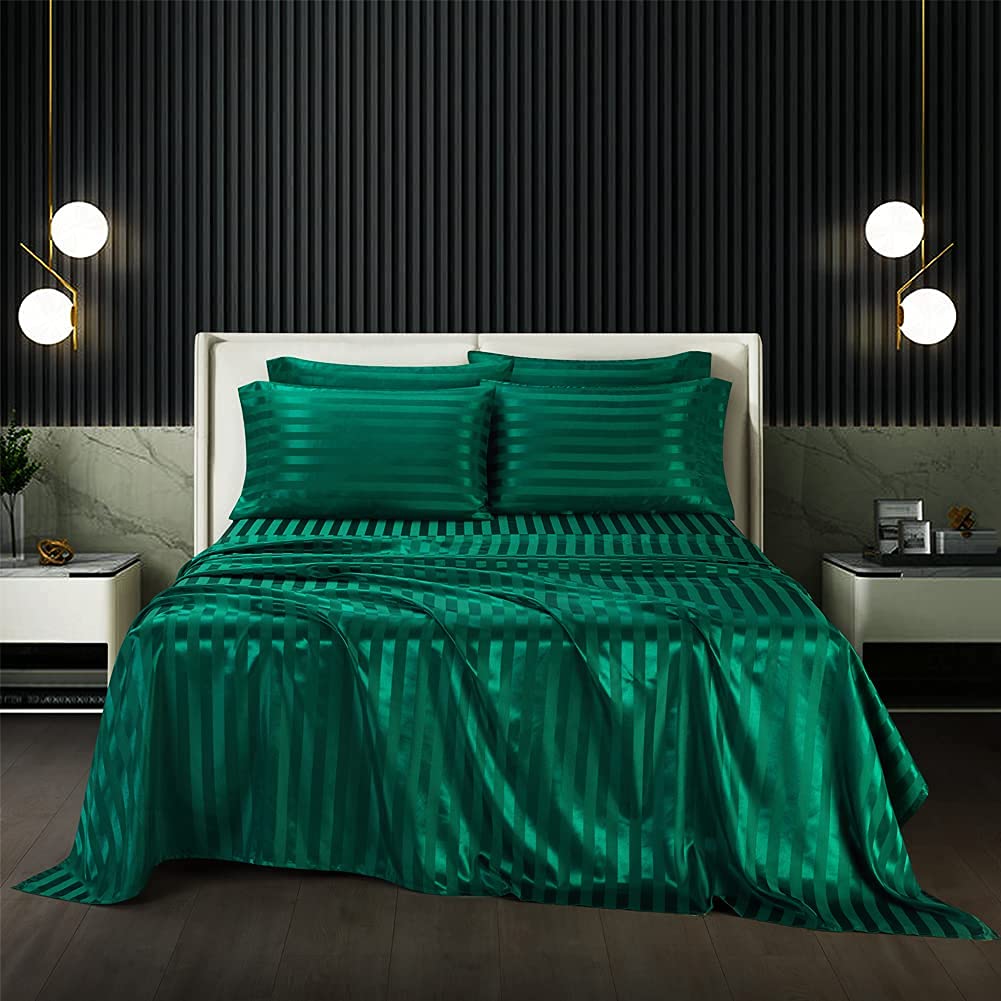 6 Piece Satin Italian Style Bed Sheet Set Deep Pocket Stripes 1800 Luxury Rich Silk