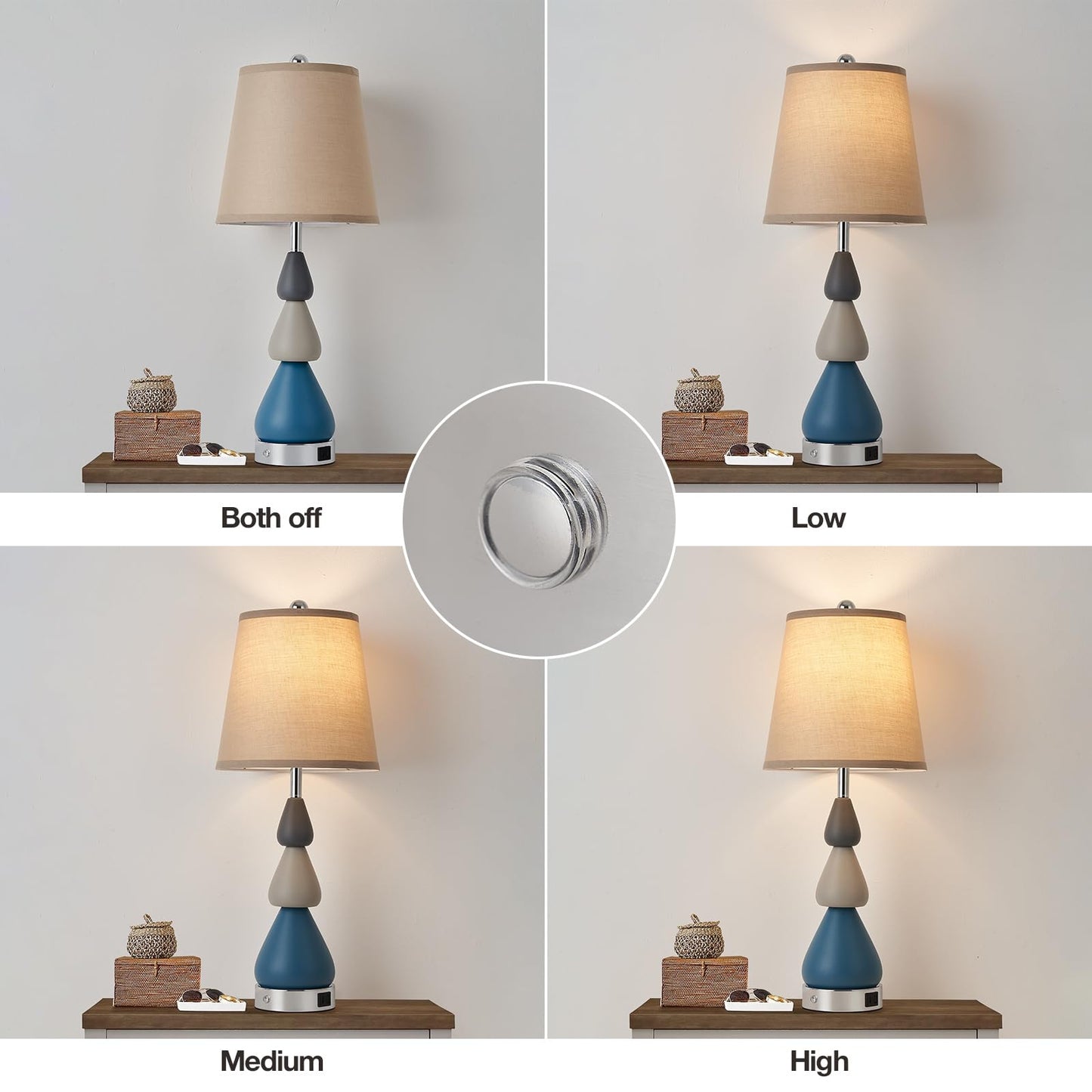 Set of 2 Touch Control Ceramic Table Lamps for Bedroom Livingroom