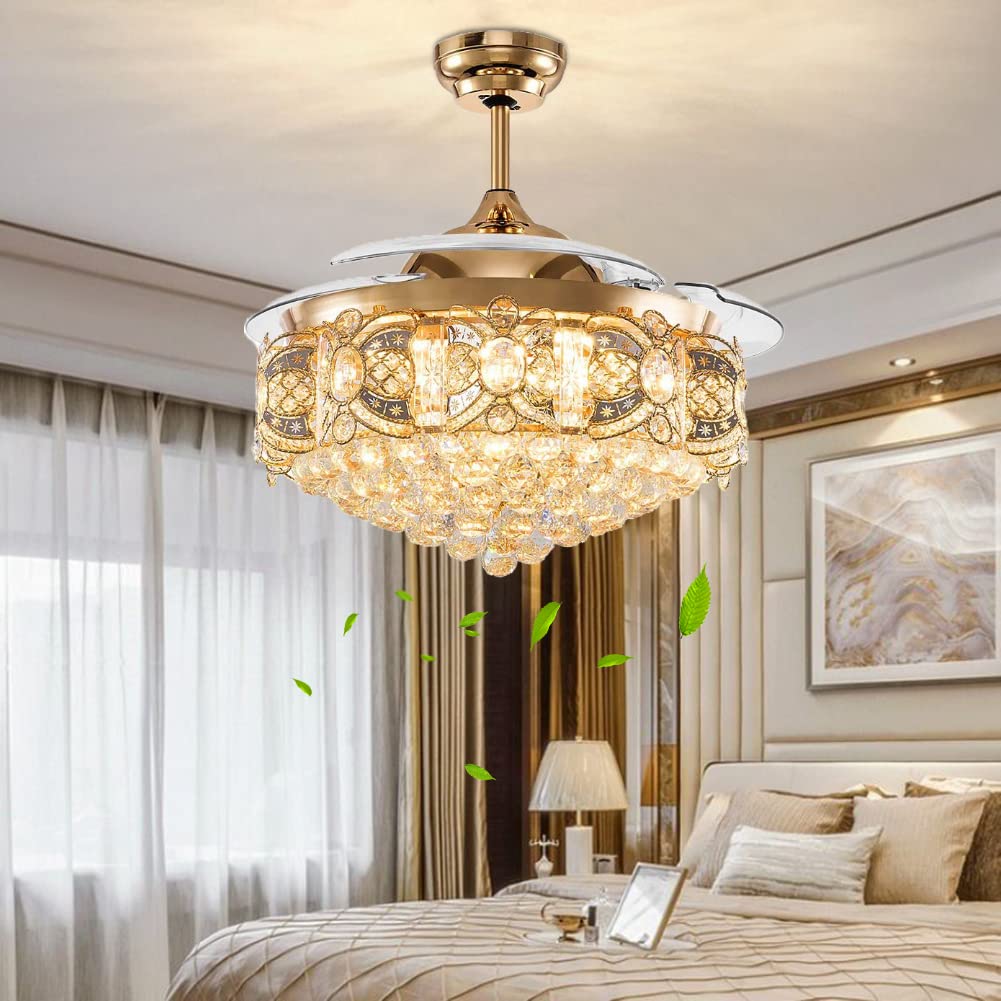 42" Crystal Chandelier Ceiling Fan and Remote, Gold Luxury Fan