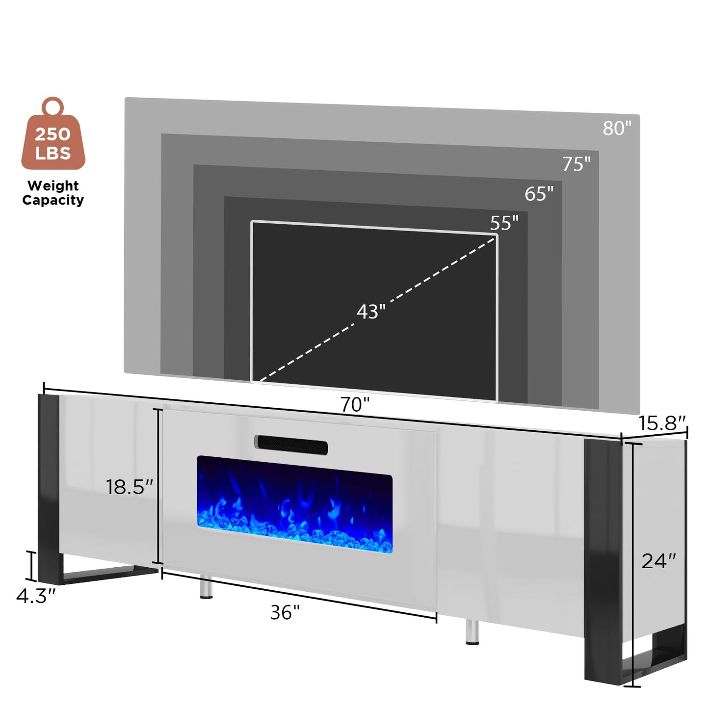 Fireplace TV Stand with 36" Fireplace, 70" Modern High Gloss Entertainment Center