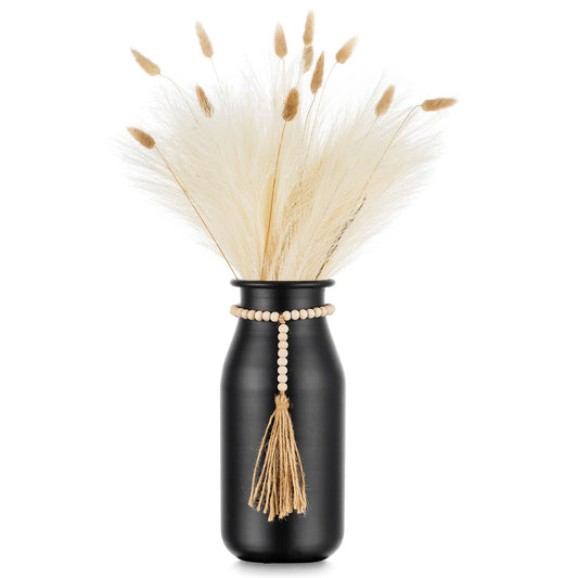 Black Decorative Flower Vase - 9in Boho Vase with Bead Strings for Pampas Grass