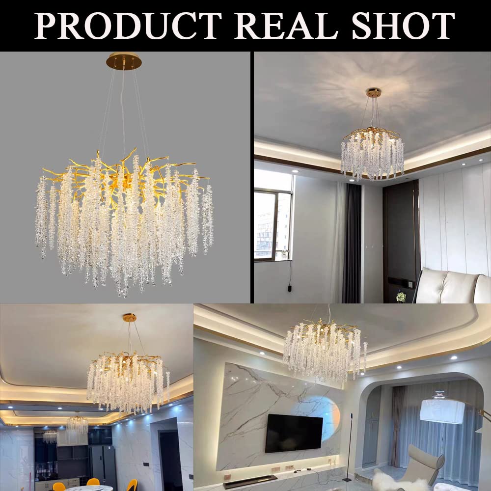 Modern Crystal Tree Branches Chandelier Gold Round Raindrop