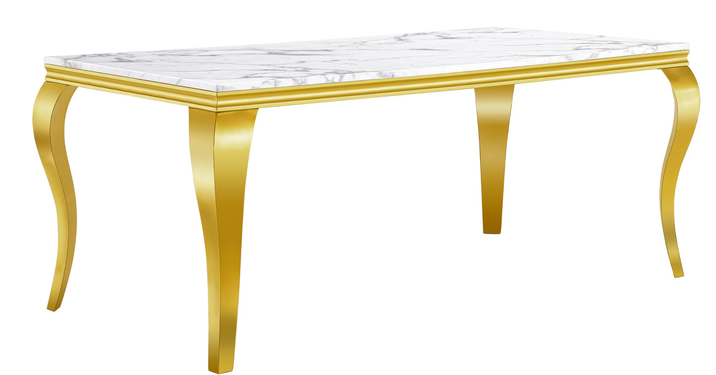 70 Inch White Marble Kitchen Table with Gold Mirrored Cabriole Legs