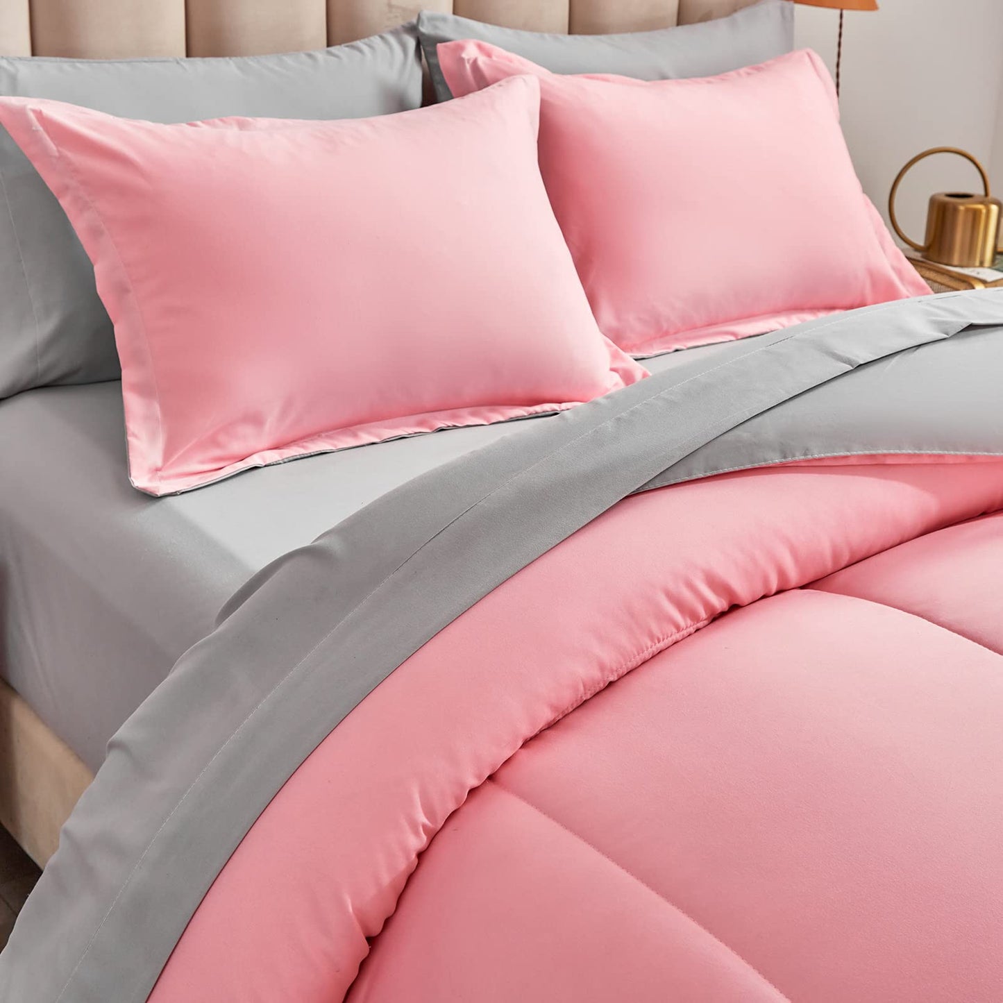 Twin Pink Comforter Set Bed in a Bag with Gray Sheet Set Reversible Soft