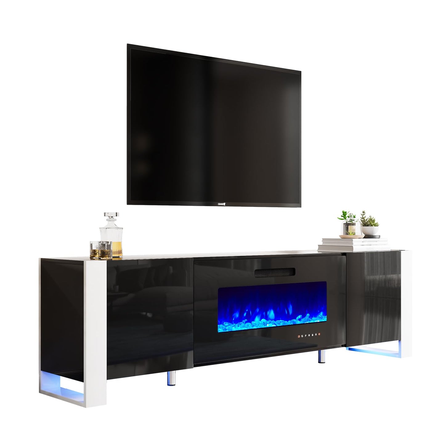 Fireplace TV Stand with 36" Fireplace, 70" Modern High Gloss Entertainment Center