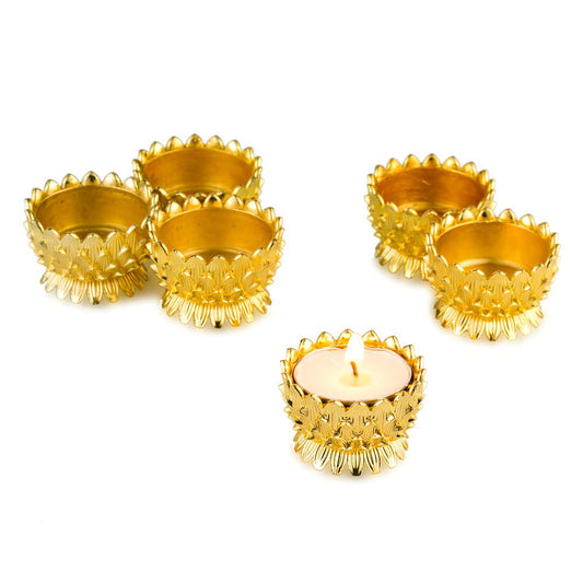 6 Pcs Lotus Tea Light Holder Tibetan Copper Oil Lamp Altar Supplies, Gold