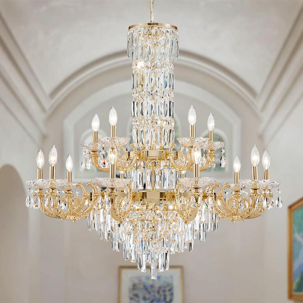 Gold Crystal Contemporary Chandelier, 2-Tier for High Ceiling