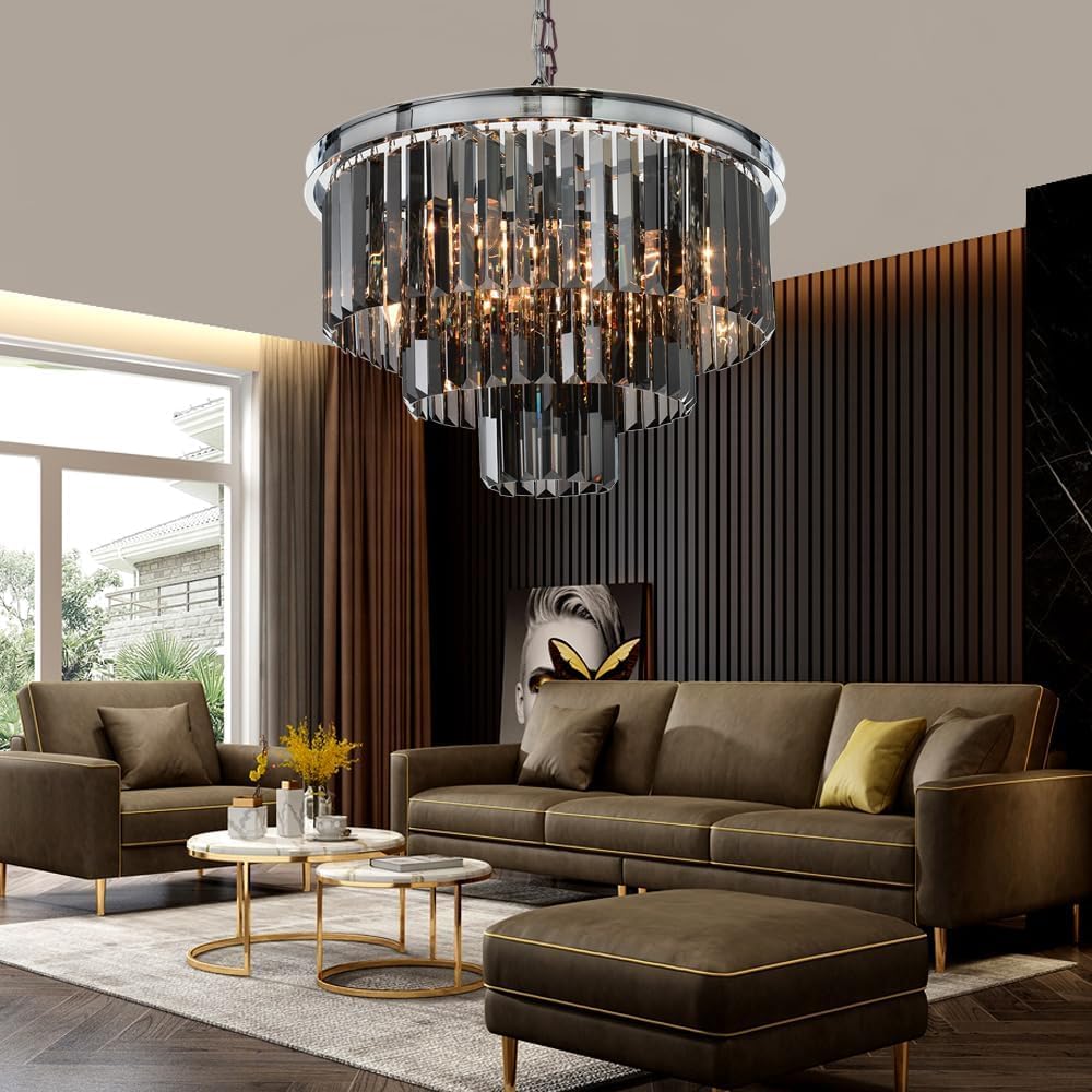 Luxury Smoke Crystal Chrome Chandelier, 8 Lights Pendant