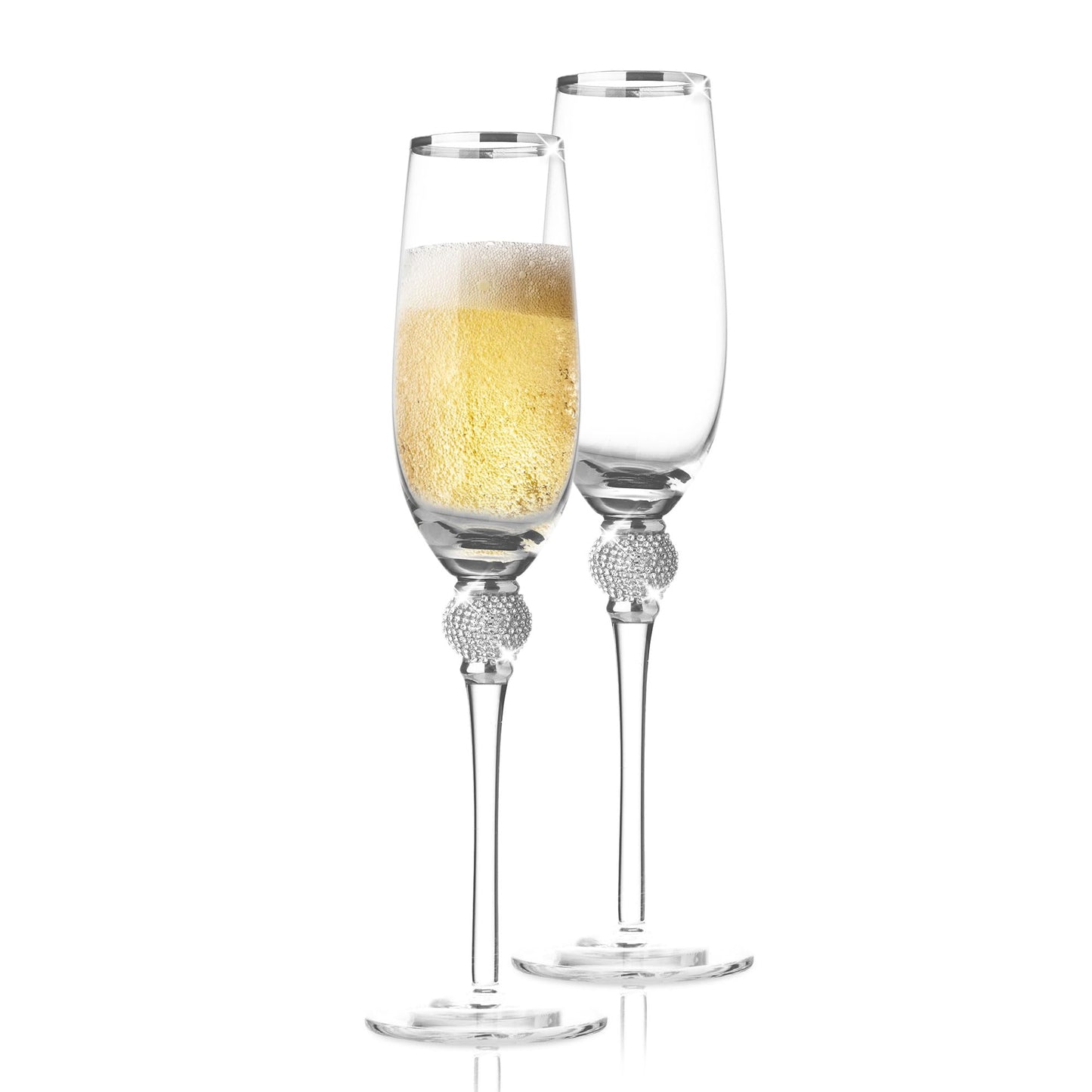 Crystal Champagne Glasses with Silver Rim & Dazzling Rhinestone Design