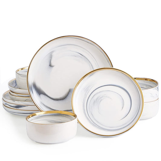 Dinnerware Sets, Marble Gold Line Stoneware Dishes Set For 4